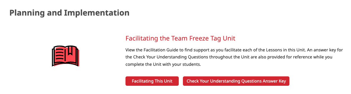 Planerings- och implementeringsavsnittet på sidan Team Freeze Tag för lärarportalen.