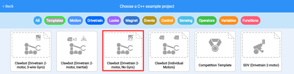Skärmdump av C++-handledningsgränssnittet från V5-kategorin, som visar kodexempel och användargränssnittselement för programmering med VEX Robotics.