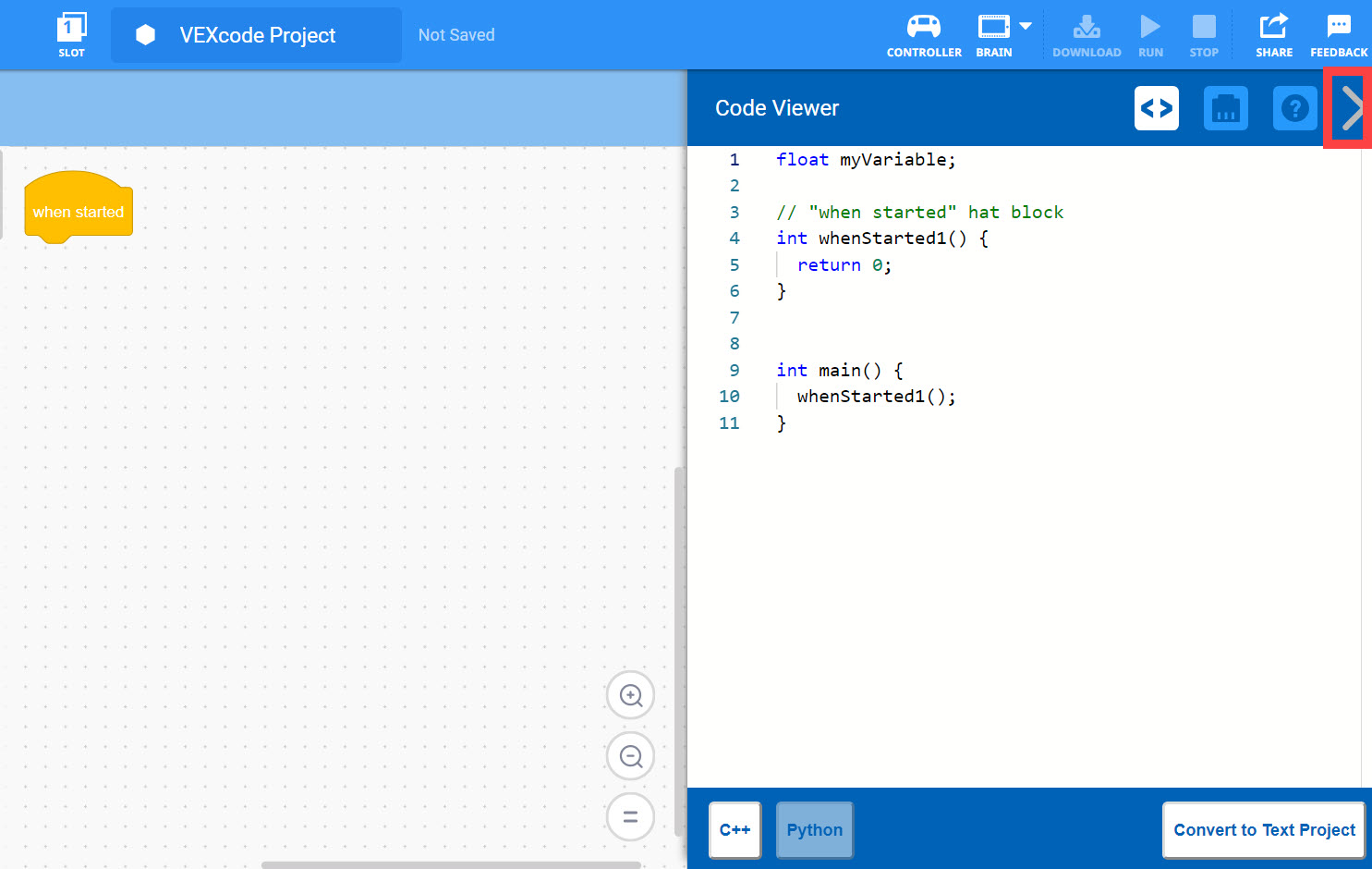 Skärmdump av en C++-handledning från VEX Robotics, som visar kodavsnitt och förklaringar relaterade till V5-programmering, och lyfter fram viktiga koncept och exempel för användare som lär sig programmera med VEX V5.
