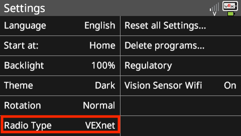 Diagram över VEXnet-radiotypanslutning till VEX V5-hjärnan, som illustrerar portarna och inställningarna för korrekt integration i robotprojekt.