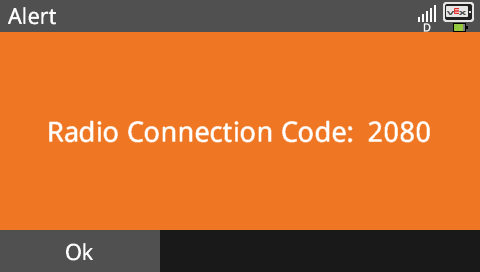 Skärmdump av skärmen Radio Connection Code från VEX V5, som visar anslutningsalternativ och inställningar för att ansluta till Brain, och illustrerar processen för att upprätta en radioanslutning.