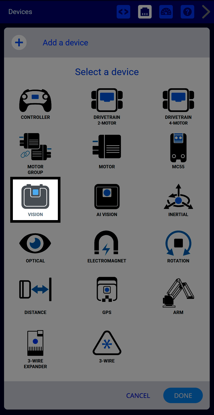 La pantalla de selección de dispositivos presenta varios componentes de hardware VEX. El icono del sensor de visión está resaltado con un borde blanco. Otros dispositivos disponibles incluyen controlador, opciones de transmisión, grupo motor, visión de IA, inercial, óptico, electroimán, rotación y más.