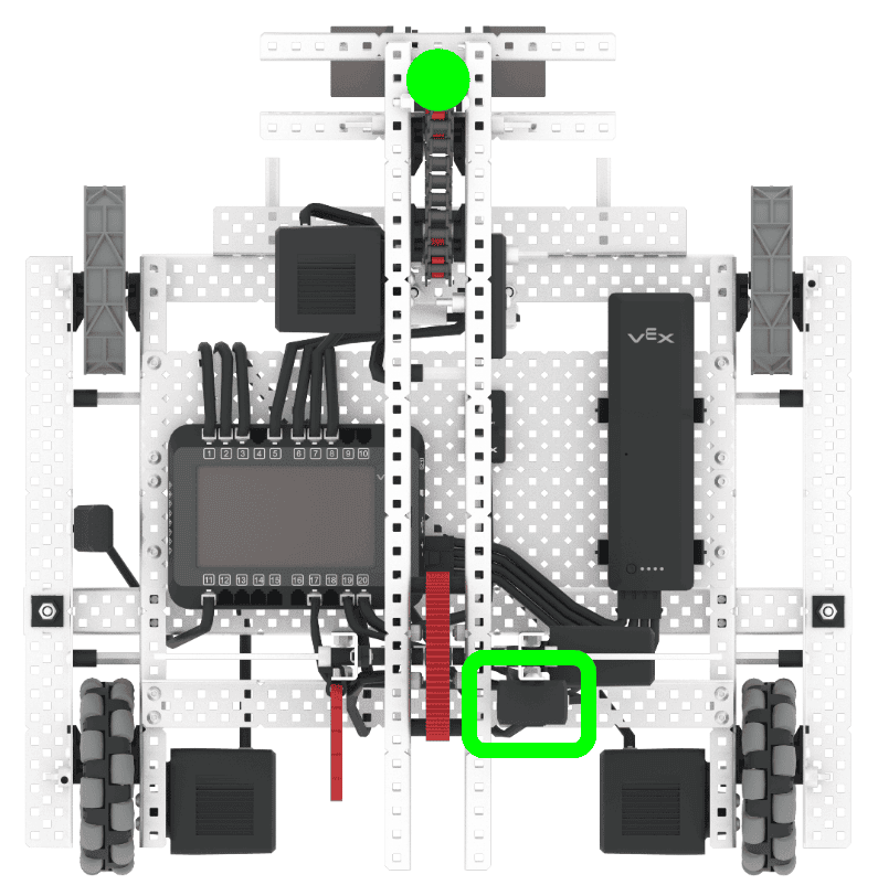 En vy uppifrån och ner av Axel-roboten. En grön ruta markerar GPS-sensorn på robotens bakre högra del. En cirkulär prick finns på robotens framsida, ovanpå robotens arm.