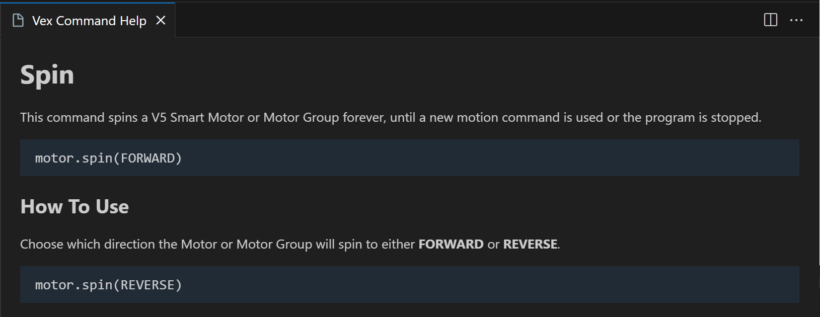 Hjälpsidan för VEX-kommandot är öppen och visar information om och exempel på Spin Python-kommandot.