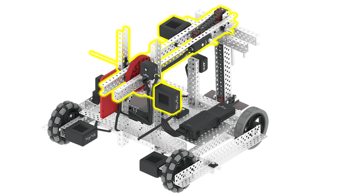 Diagram som illustrerar komponenterna och funktionerna i en V5-tävlingsrobot, och visar struktur- och designelementen som är relevanta för robottävlingar.