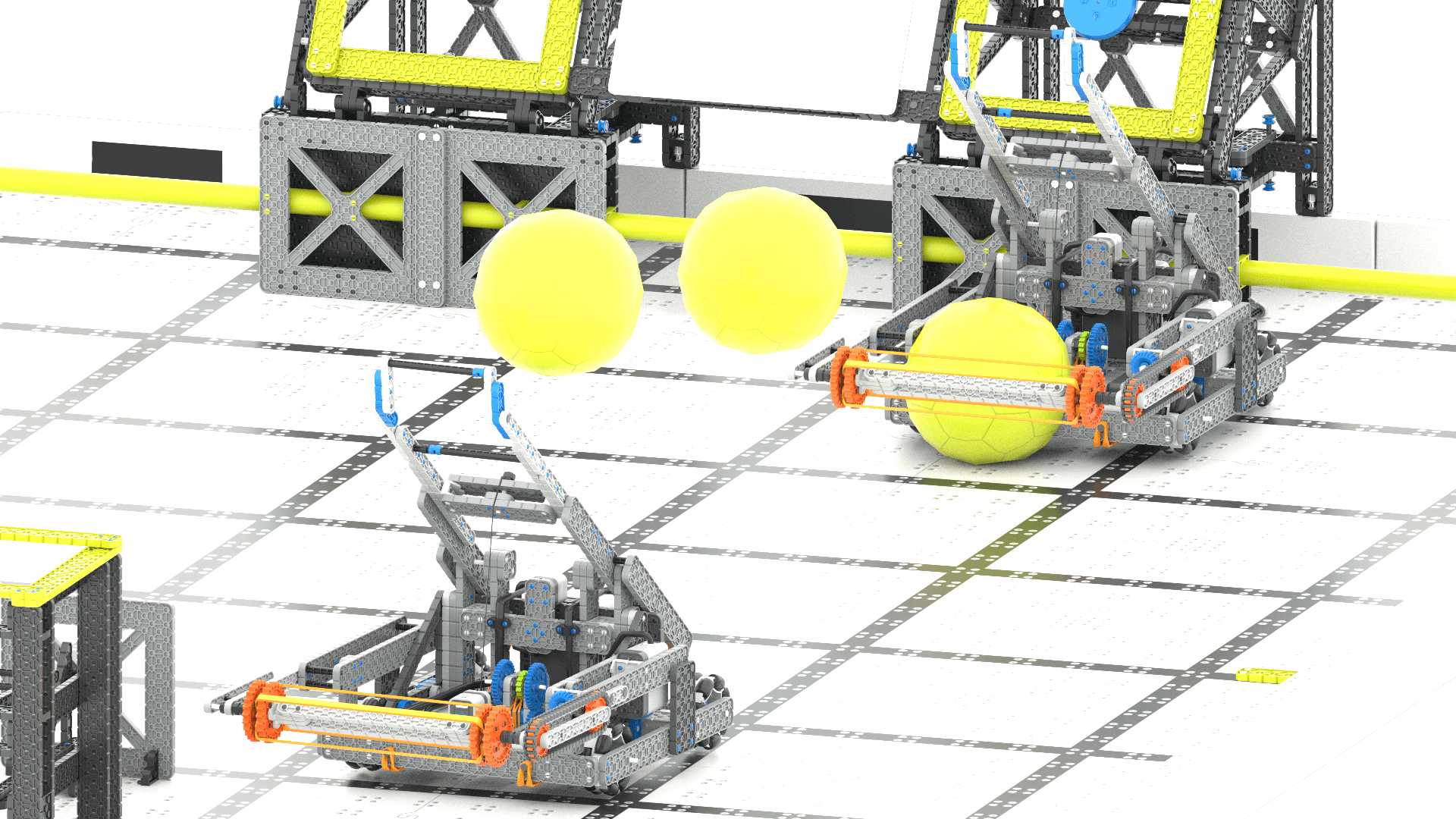 Vinklad vy av två Swish-robotar som kör på spelplanen och passar bollar mellan dem.