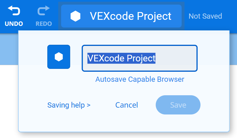 VEXcode 123 efter att projektets namn har valts för att öppna fönstret Projektnamn.