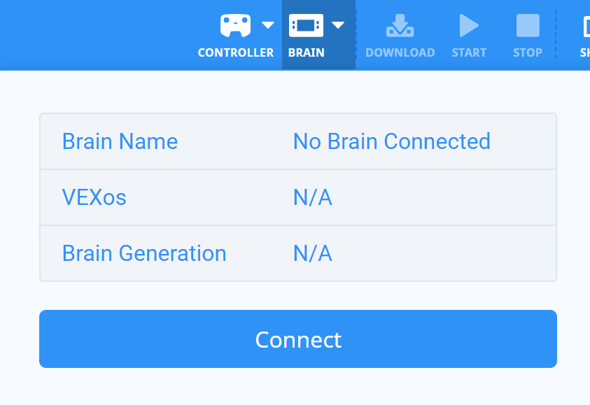 Webbaserad VEXcode IQ Brain rullgardinsmeny på en Chromebook. Den här menyn har en Anslut-knapp nedanför eftersom den ansluter manuellt.