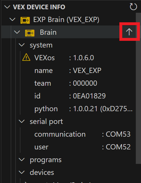 Cursor is hovering over the out of date Brain's folder and there is an Up Arrow icon next to it that is highlighted.