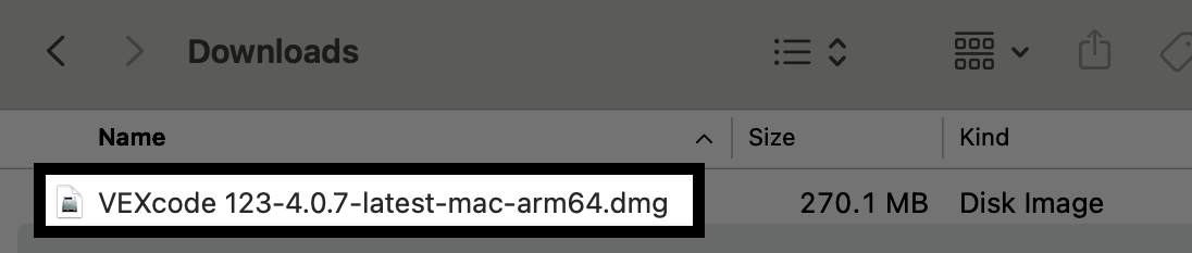 โปรแกรมติดตั้ง VEXcode 123 ตามที่แสดงใน Finder หลังจากดาวน์โหลดสำหรับ Mac