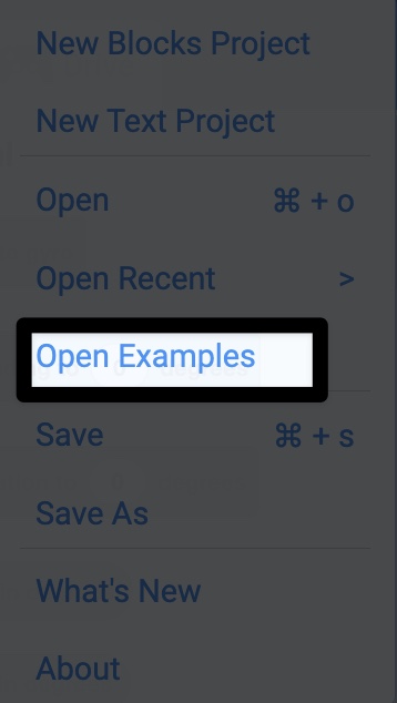 Menu File con l'opzione Apri esempi evidenziata.