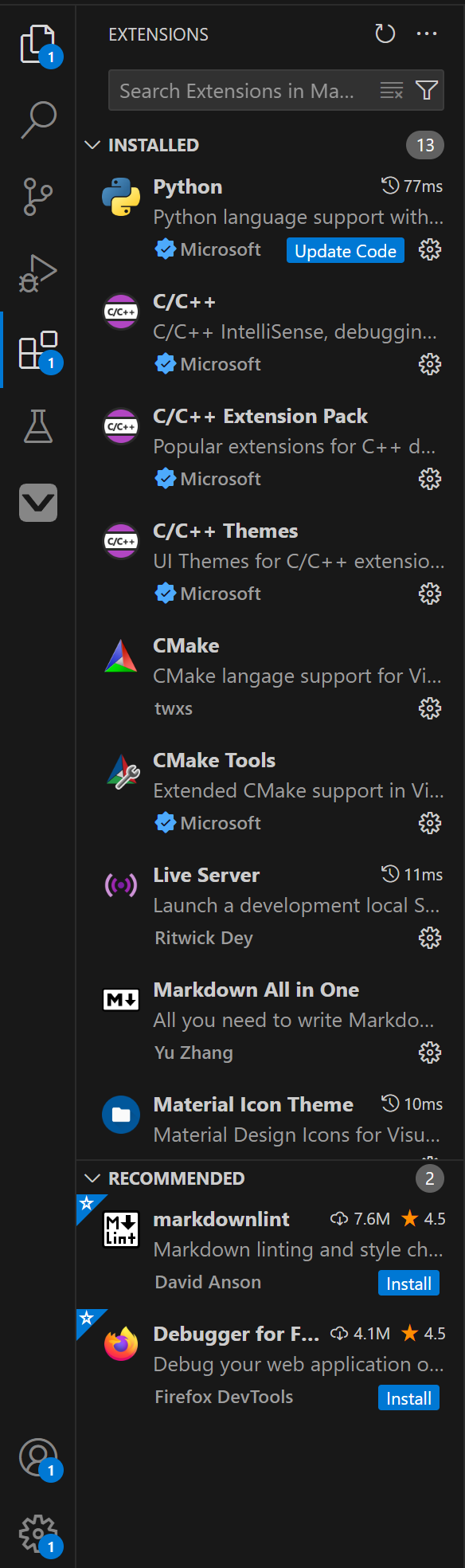 VS-kodtilläggsvy som visar en lista över installerade tillägg. Varje tillägg har en inställningsmeny som kan öppnas här, och det finns en sökfält för att hitta och ladda ner nya tillägg.