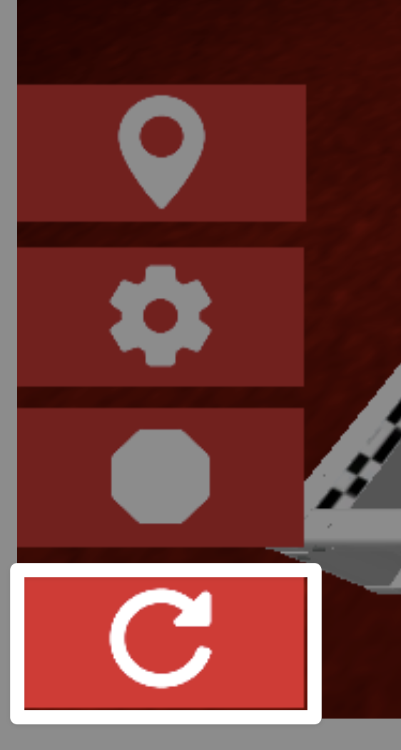 Een close-up van de linkerbenedenhoek van het venster Rijvaardigheden, met daarop de Reset-knop, een witte ronde pijl. De Reset-knop bevindt zich onder het instellingenpictogram en de Afspelen-knop.