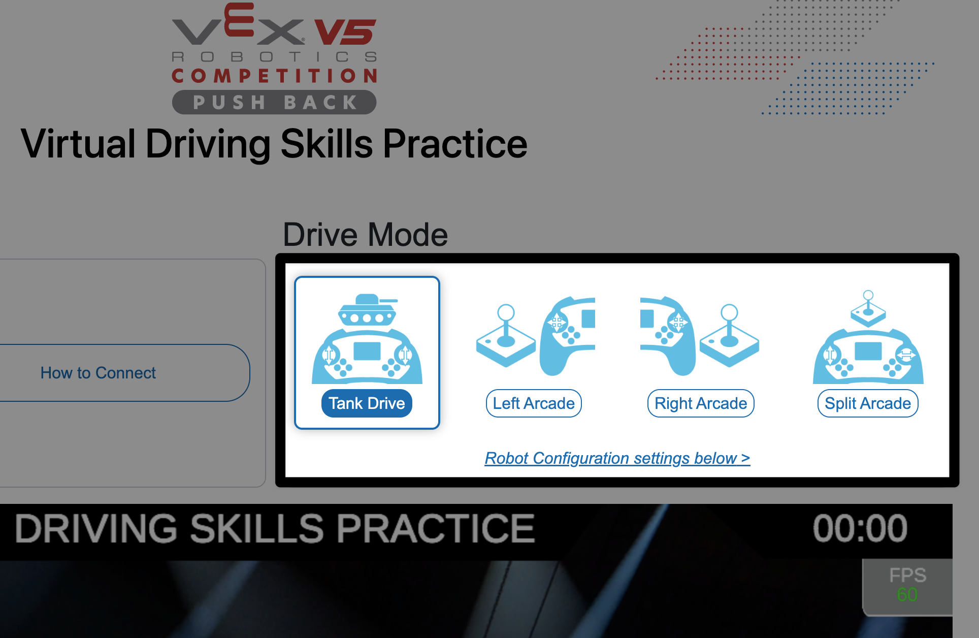 V pravé horní části okna Driving Skills Practice Window je v červeném rámečku zobrazena oblast výběru režimu jízdy. Aktuálně je vybrán Tank Drive a možnosti Left Arcade, Right Arcade a Split Arcade jsou zobrazeny v řadě.
