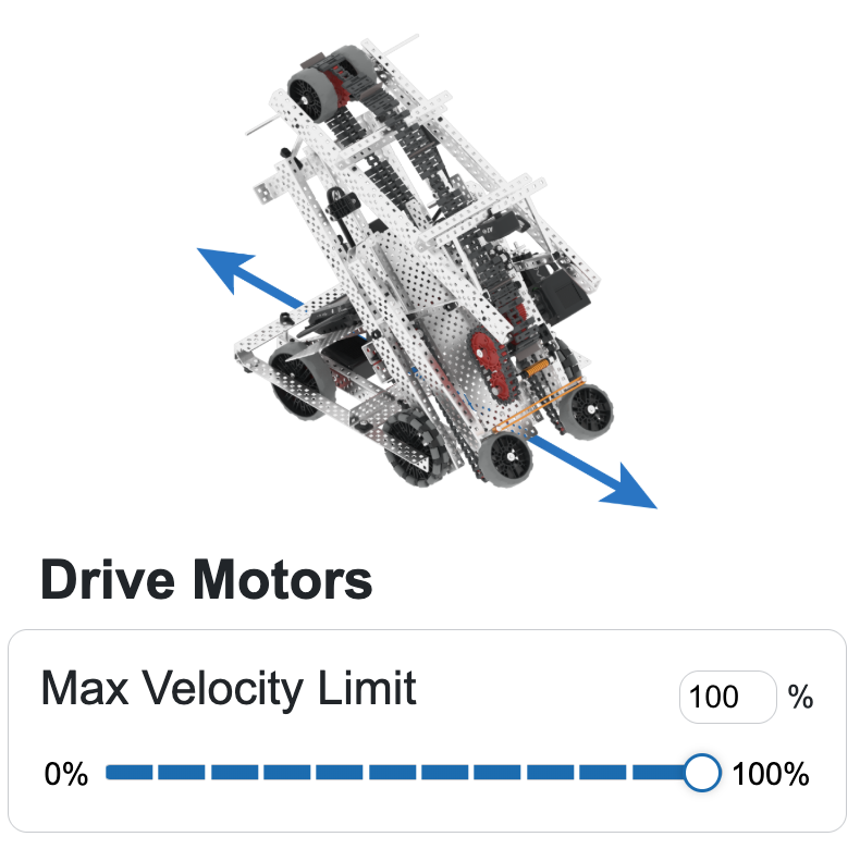 Sekce Hnací motory v oblasti Konfigurace robota ve spodní části stránky Driving Skills. V horní části je nápis Drive Motors a ukazuje možnosti pro Maximální rychlost pomocí posuvníku od 0 do 100 %.