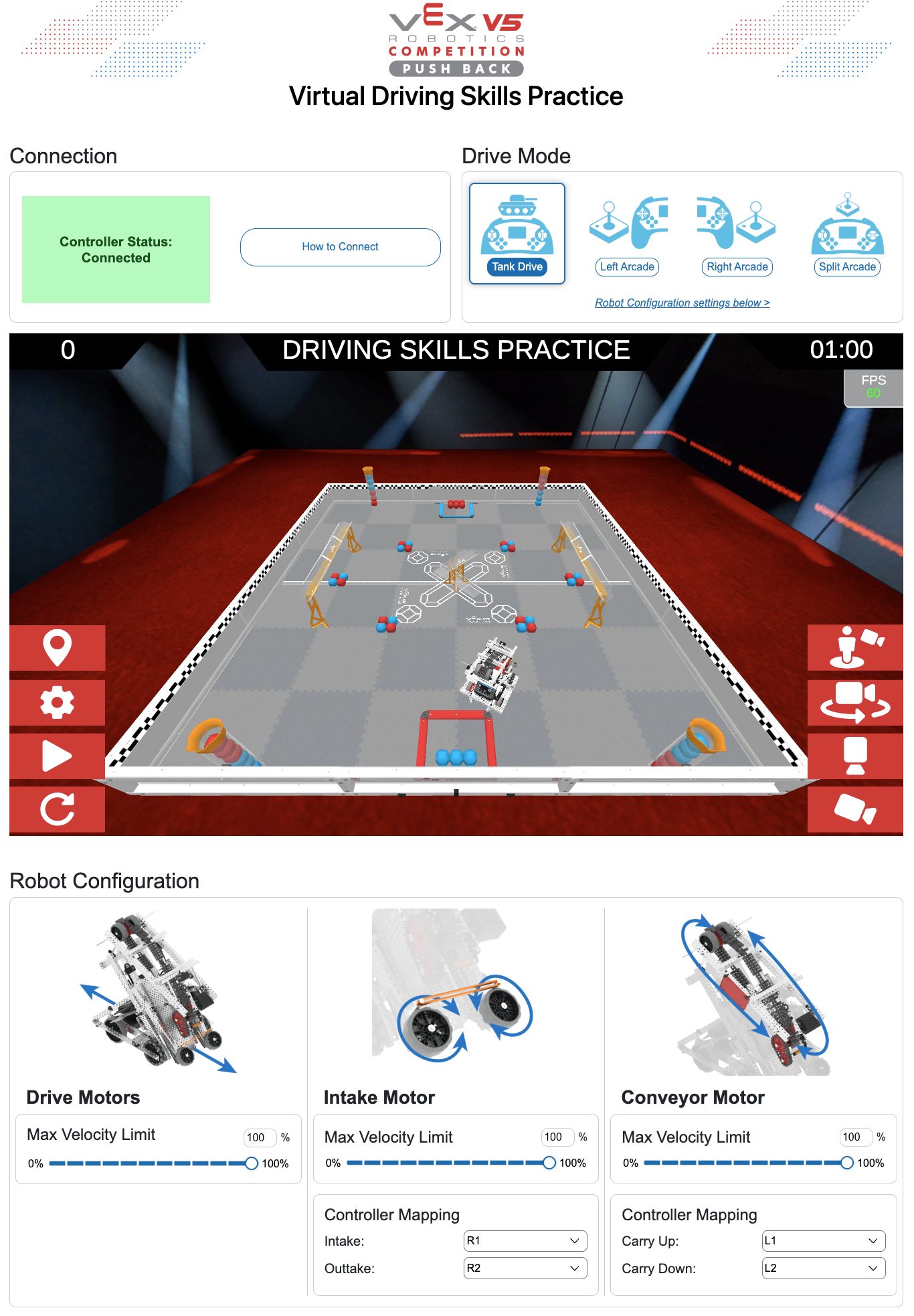 V5RC Push Back Virtual Driving Skill Practice page. Es liest den Status des angeschlossenen Controllers aus, dann gibt es auf der rechten Seite die Fahrmodi für Panzerantrieb, linker Arcade-Modus, rechter Arcade-Modus und geteilter Arcade-Modus. In der Mitte folgt dann das Fahrtraining. Im unteren Bereich befindet sich die Roboterkonfiguration mit Antriebsmotoren, Ansaugmotor und Förderbandmotor.