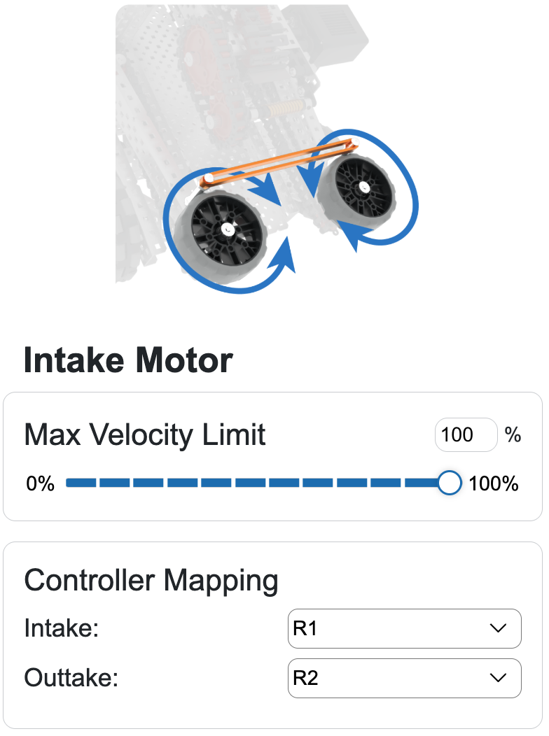 Bagian Motor Intake pada area Konfigurasi Robot di bagian bawah halaman Keterampilan Mengemudi. Tertera tulisan Intake Motor di bagian atas dan menunjukkan pilihan untuk Kecepatan Maksimum dengan slider dari 0 sampai 100%, serta pilihan Controller Mapping untuk tombol mana yang mengontrol intake dan outtake.