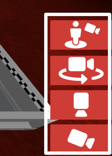 Se destacan cuatro opciones de cámara en las habilidades de conducción virtual. Icono de la estación del conductor, icono de la cámara de órbita, icono de arriba hacia abajo e icono de persecución
