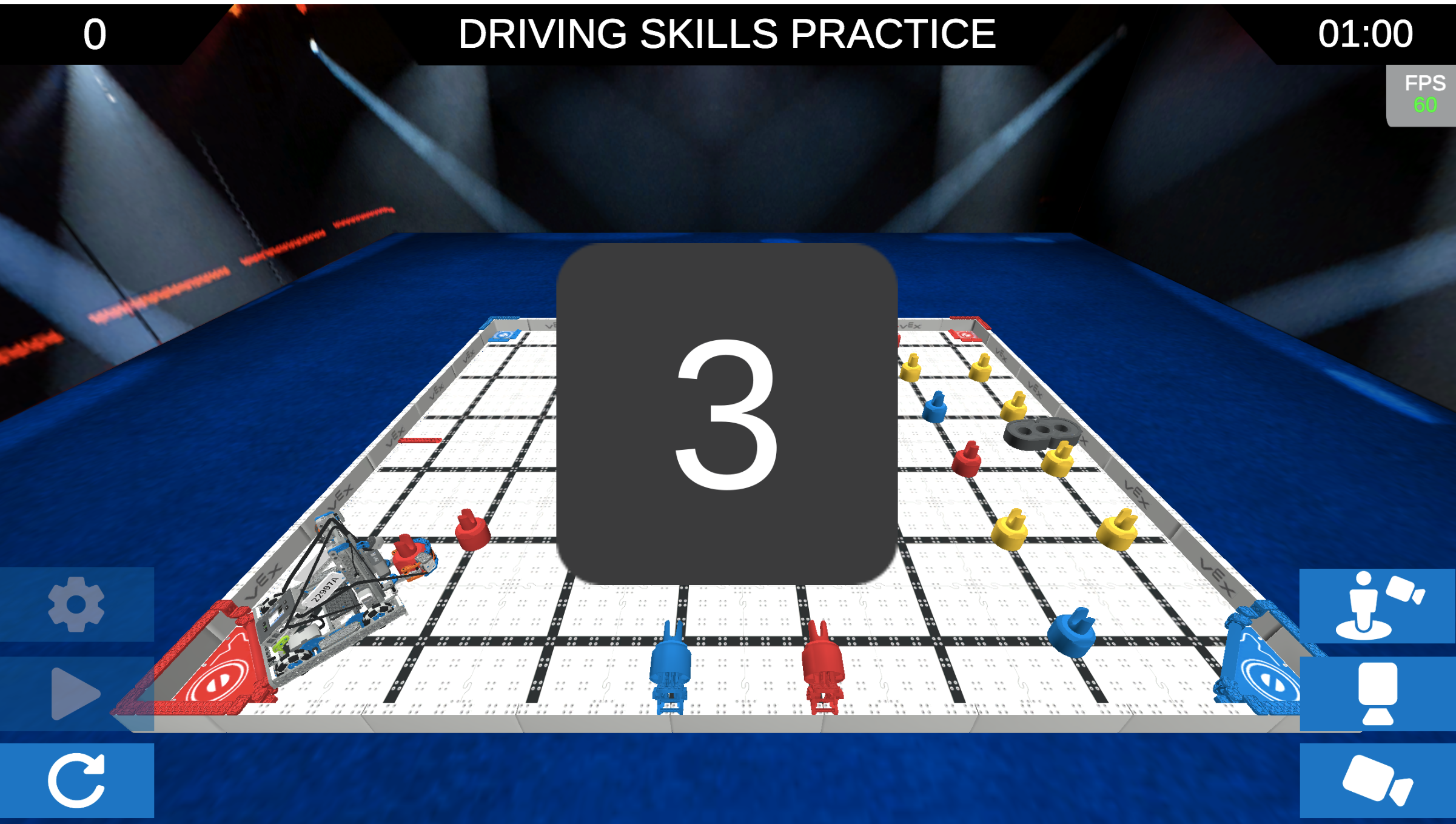 Okno Driving Skills Practice s velkou 3 uprostřed ukazující odpočítávání do začátku zápasu.