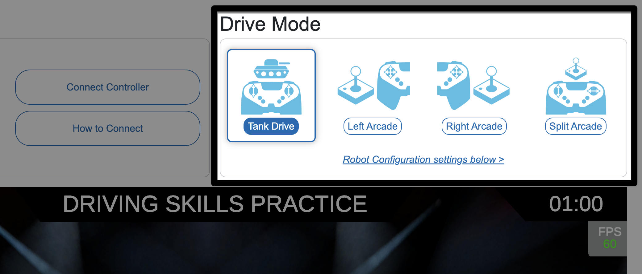 Uno screenshot della parte in alto a destra dello schermo, sopra la finestra di pratica, riporta la dicitura Modalità di guida e mostra quattro opzioni. È selezionato Tank Drive e accanto ad esso vengono mostrate le opzioni Arcade sinistra, Arcade destra e Arcade divisa.