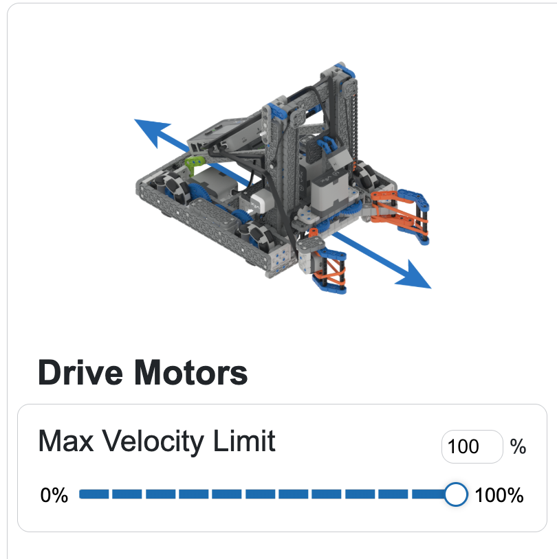La sección Motores de accionamiento del área Configuración del robot en la parte inferior de la página Habilidades de conducción. Se lee Drive Motors en la parte superior y muestra opciones para la velocidad máxima con un control deslizante de 0 a 100%.