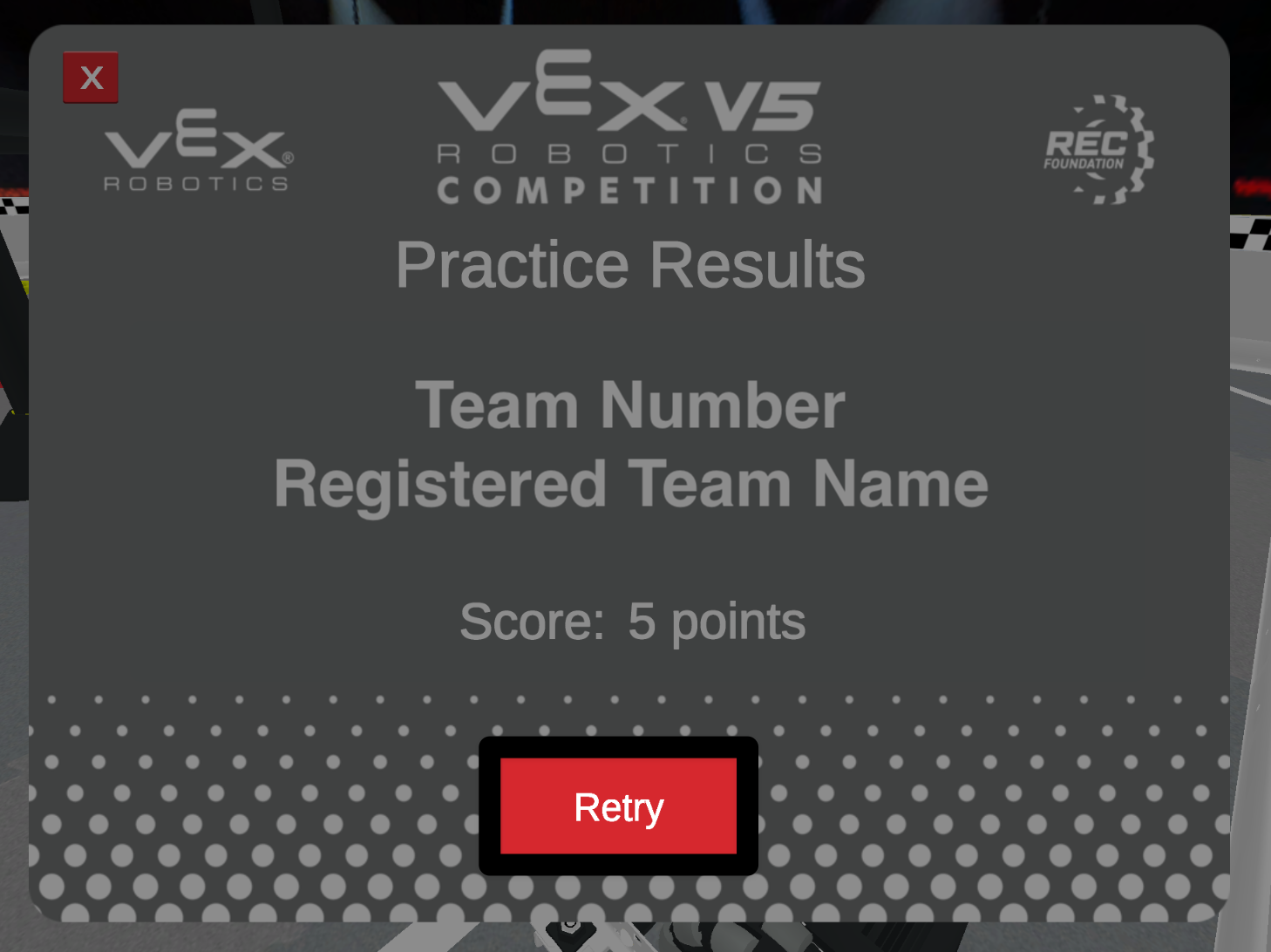 Der Bildschirm am Ende des Spiels zeigt die Übungsergebnisse für die Teamnummer und den registrierten Teamnamen. Der Score beträgt 5 Punkte. Die Schaltfläche „Wiederholen“ unten auf dem Bildschirm ist in einem roten Feld hervorgehoben und zeigt an, was zur erneuten Wiedergabe ausgewählt werden soll.