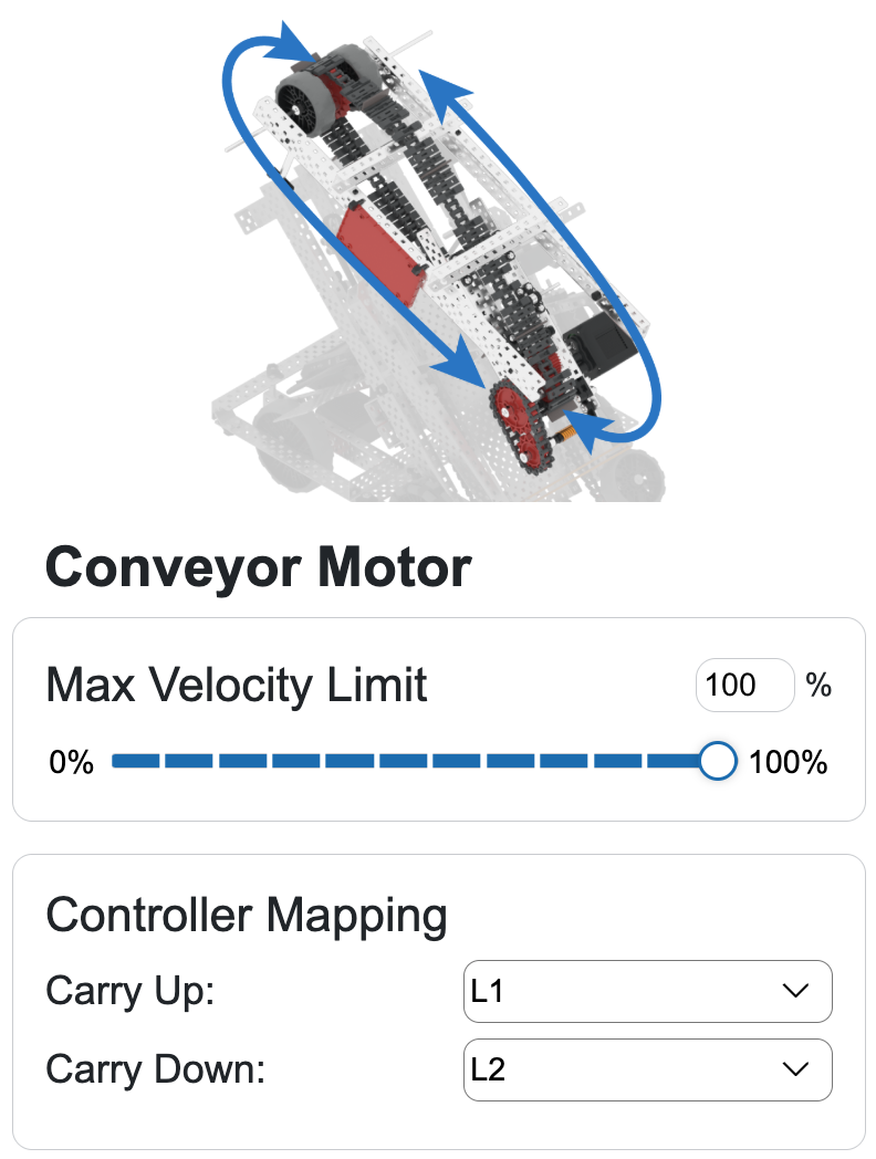 La sección Motor del transportador del área Configuración del robot en la parte inferior de la página Habilidades de conducción. Se lee Motor transportador en la parte superior y muestra opciones para Velocidad máxima con un control deslizante de 0 a 100%, así como opciones de Mapeo del controlador para qué botones controlan arriba y abajo.