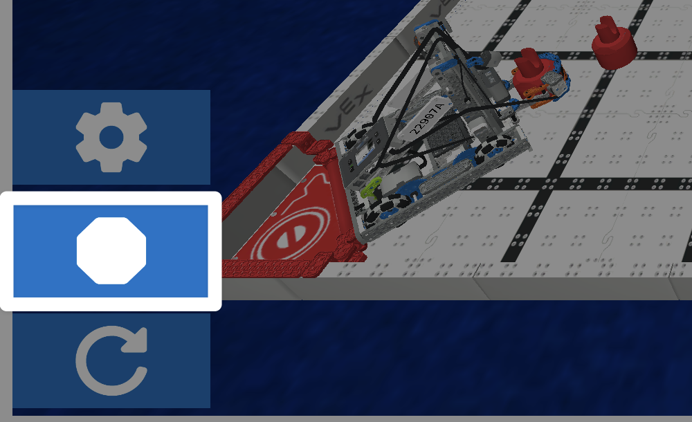 Een close-up screenshot van de linker benedenhoek van het Oefenvenster, met de Stop-knop, een witte achthoek, gemarkeerd. De stopknop bevindt zich op dezelfde plaats als de afspeelknop, maar verticaal tussen het instellingenpictogram en de resetknop