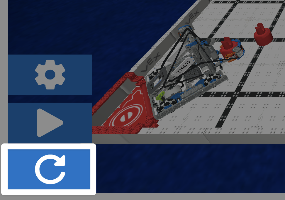 A Gyakorló ablak bal alsó sarkának közeli képernyőképe, amelyen kiemelve látható az Újra gomb, egy fehér, görbe nyíl. Az Újra gomb a Lejátszás gomb alatt található.