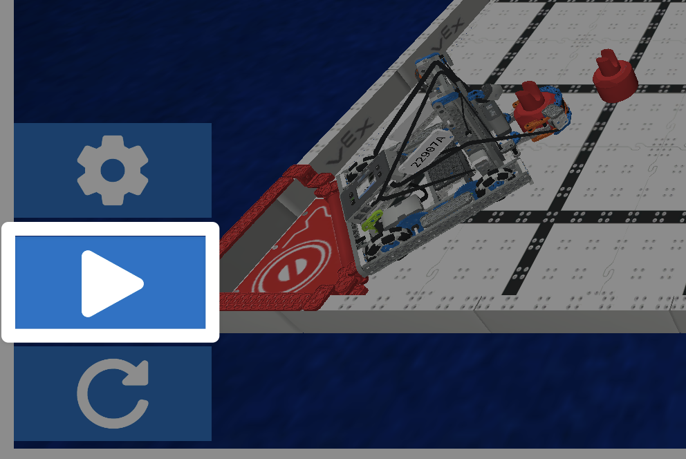 Uma vista aproximada do canto inferior esquerdo da janela Prática de Competências de Condução, com o botão Reproduzir, um triângulo branco a apontar para a direita, destacado. O botão play está localizado verticalmente entre o ícone de definições e o botão de reset.