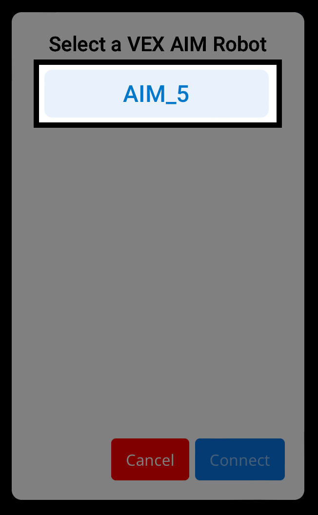 Un cuadro de diálogo titulado Seleccionar un robot VEX AIM con el robot llamado AIM_5 resaltado en un cuadro de selección azul claro.