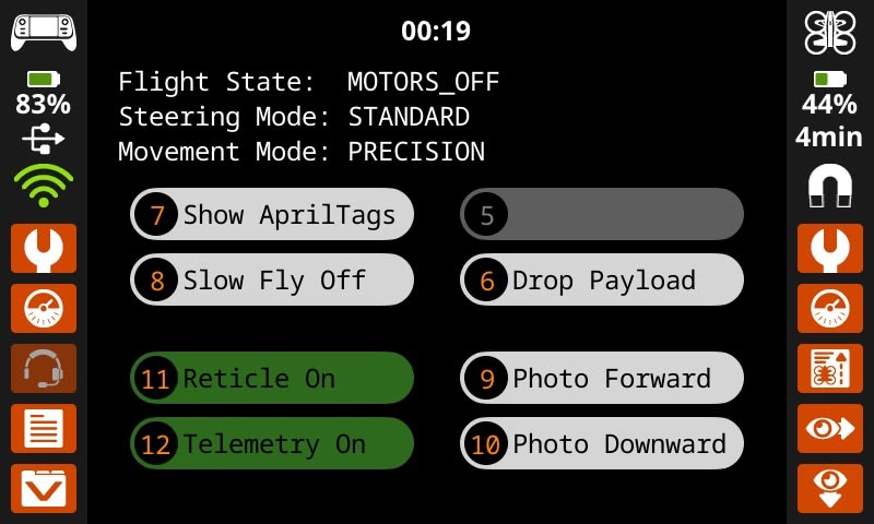 Пользовательский экран проекта fly по умолчанию, отображающий информацию и действия кнопок. Вверху таймер показывает 19 секунд, ниже текущие настройки показывают состояние полета «выключено», режим рулевого управления «стандартный» и режим движения «точный». Ниже кнопки с 5 по 12 промаркированы в следующем порядке: 5 — пустая, 6 — сброс нагрузки, 7 — показать метки April, 8 — показать взлет, 9 — фото вперед, 10 — фото вниз, 11 — включить сетку, 12 — включить телеметрию.