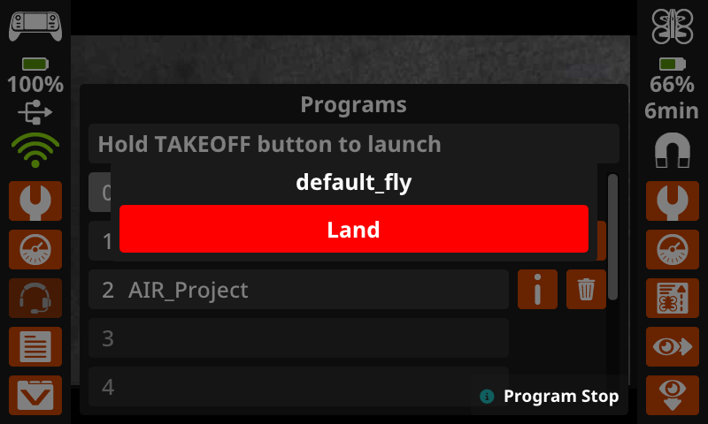 Интерфейс программы, отображающий активную программу default_fly с большой красной кнопкой «Приземлиться» в центре.