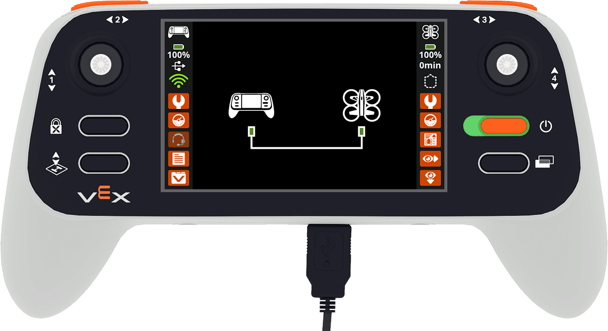 De controller is ingeschakeld en de USB-A-kabel is aangesloten op de drone. Op het scherm staat een pictogram voor een bekabelde verbinding. Dit pictogram geeft aan dat er een kabel wordt gebruikt om de controller met de drone te verbinden.