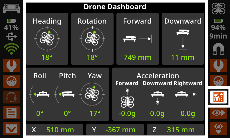 Tombol Dasbor Drone dipilih, di bawah tombol Status Drone di sisi kanan, dengan Dasbor Drone terlihat di layar, menunjukkan posisi langsung, jarak, dan data akselerasi untuk drone.