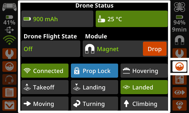 Ikon pengukur tombol Status Drone di sisi kanan bawah tombol pengaturan drone, dengan menu Status Drone terbuka.