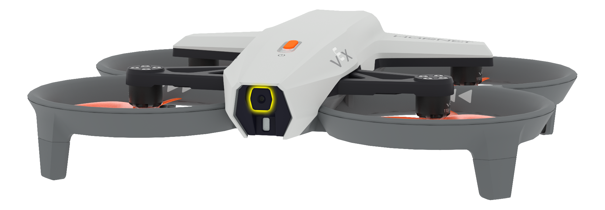 Framifrån av Hornet, med den framåtriktade visionssensorn synlig och markerad. Denna sensor pekar rakt framåt.