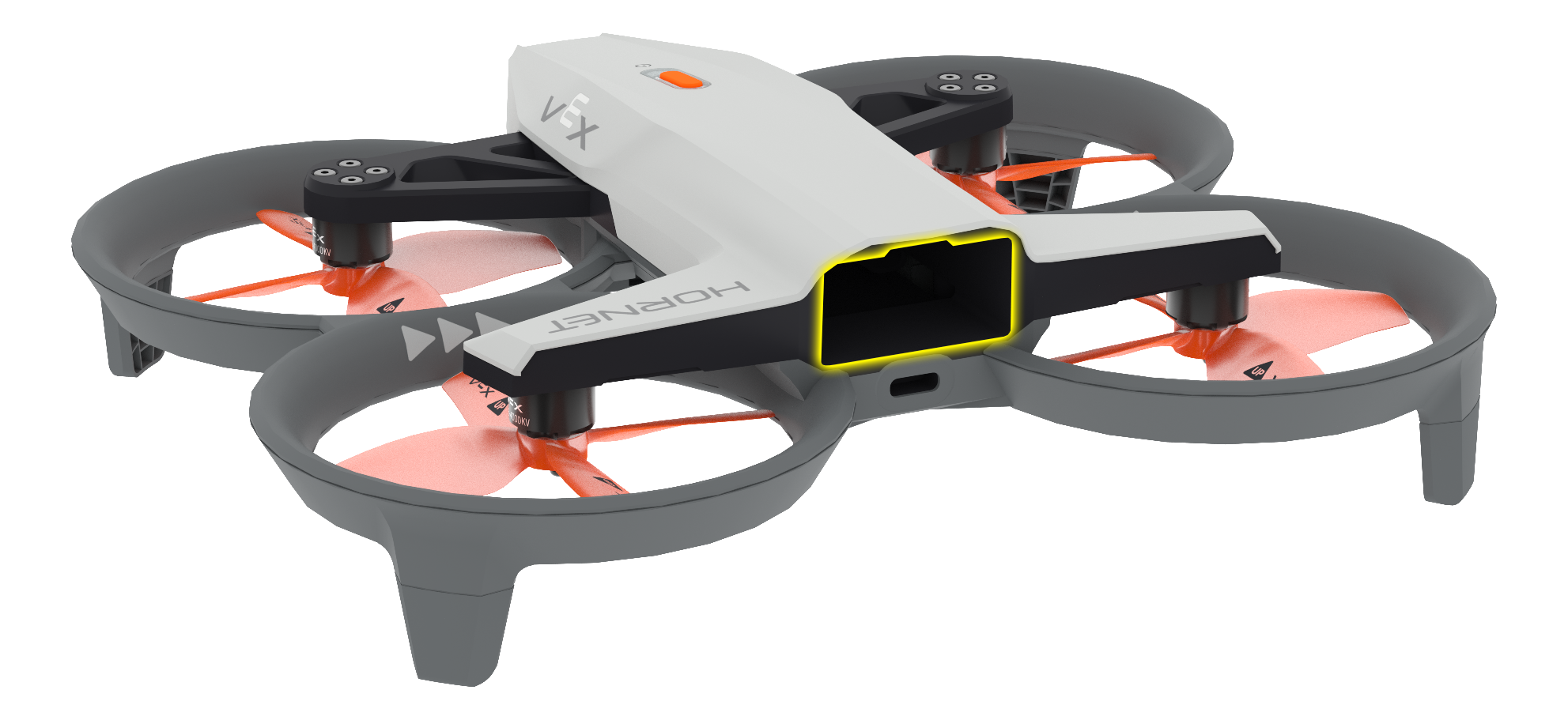 Vinklad vy av Hornets baksida, med batterifacket markerat ovanför USB-C-porten.