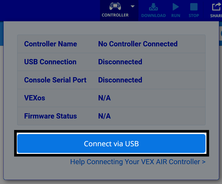 コントローラーが接続されていないことを示す接続ステータス ウィンドウ。下部の [USB 経由で接続] ボタンが強調表示されます。