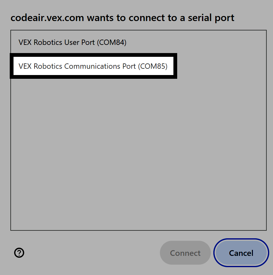 Бөлектелген VEX Robotics Communications Port COM85 көрсететін сериялық порт таңдау терезесі.
