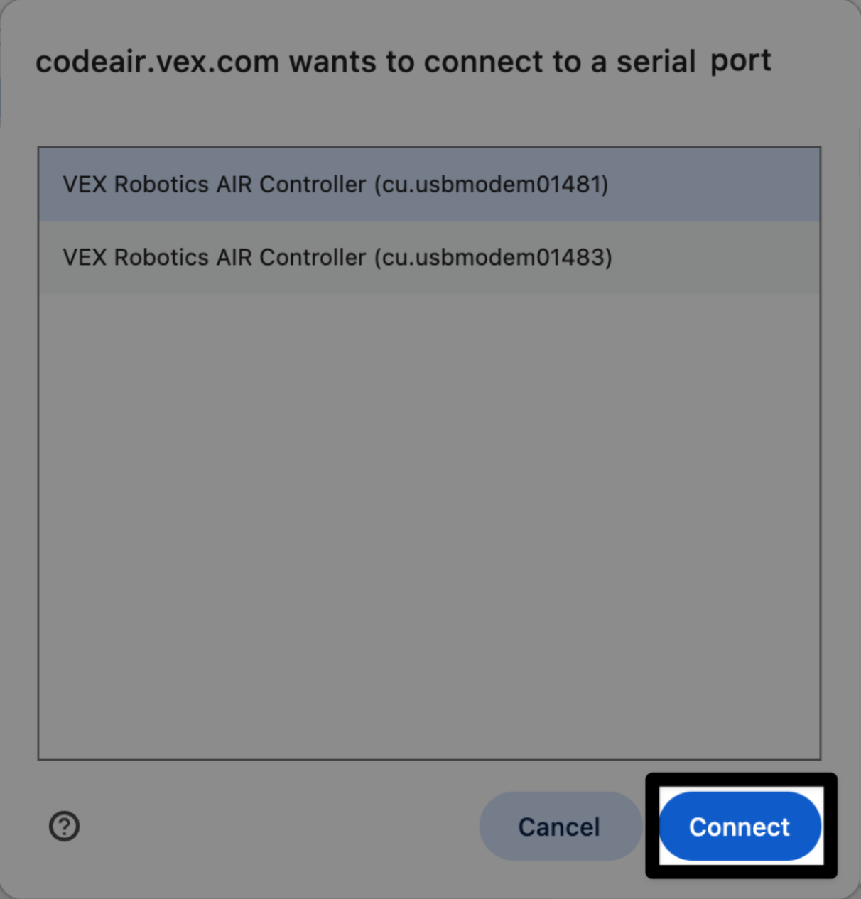 Un cuadro de diálogo de codeair.vex.com que solicita conectarse a un puerto serie, con un controlador VEX Robotics AIR seleccionado y el botón Conectar resaltado.
