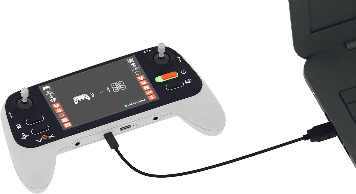 Контроллер сол жақта қуат түймесі қосулы және USB кабелі USB-C портына жалғанған. Оң жақта кабельдің USB-A ұшы компьютерге қосылған.