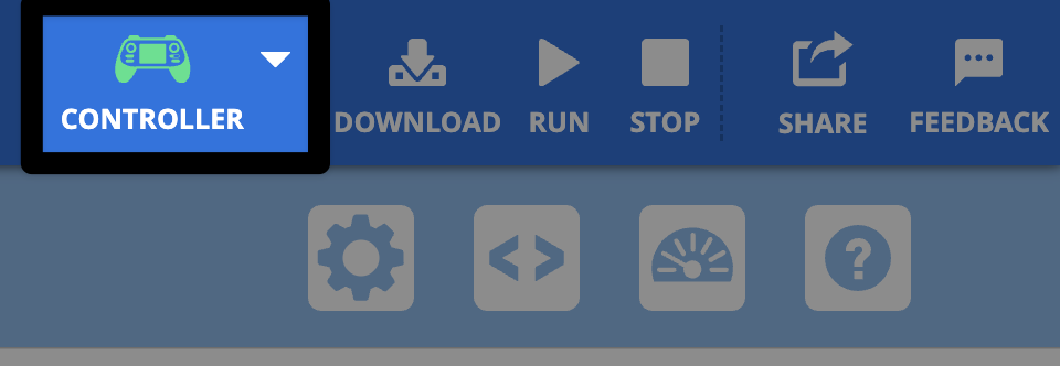 Tangkapan layar close-up sudut kanan atas Toolbar VEXcode AIR, menunjukkan ikon Pengontrol berwarna hijau, yang mengindikasikan pengontrol tersambung.