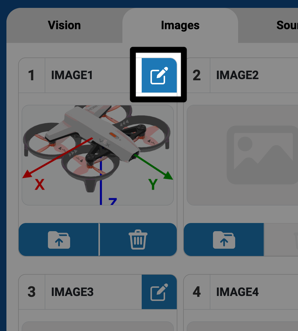 Das Stiftsymbol befindet sich rechts neben dem hochgeladenen Bild und über dem hervorgehobenen Papierkorbsymbol.