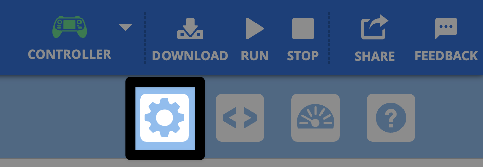 Uno screenshot ravvicinato della parte superiore destra della barra degli strumenti VEXcode AIR, in cui è evidenziata l'icona dell'ingranaggio situata sotto l'icona verde del controller e il pulsante Download.
