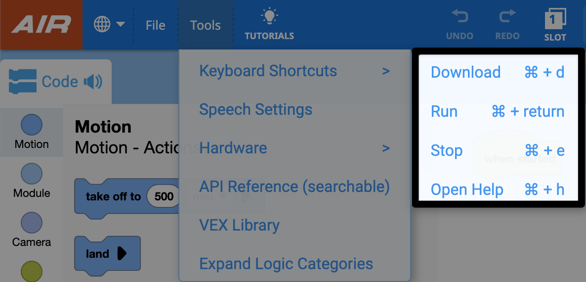 O submenu Atalhos de Teclado, localizado no menu Ferramentas do VEXcode, lista as opções Descarregar (command + d), Executar (command + return), Parar (command + e) e Abrir Ajuda (command + h). O submenu está alinhado junto ao menu suspenso Ferramentas.