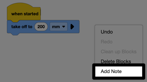 Een schermafbeelding van de VEXcode AIR-werkruimte met het contextmenu geopend en de optie Notitie toevoegen gemarkeerd onderaan onder Ongedaan maken en blokken verwijderen.