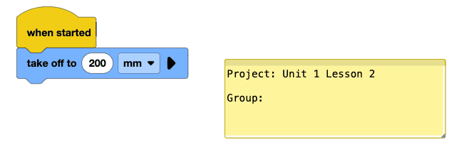 Uma captura de ecrã do espaço de trabalho do VEXcode AIR com um projeto iniciado à esquerda e uma anotação com o projeto "Unidade 1, Lição 2" à direita, com espaço para adicionar um grupo.