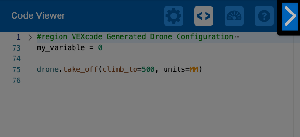 Een schermafbeelding van het bovenste gedeelte van de Code Viewer, met het naar rechts wijzende wortelpijltje helemaal rechts naast het gemarkeerde Help-pictogram. Hiermee wordt aangegeven wat u moet selecteren om de Code Viewer te sluiten.