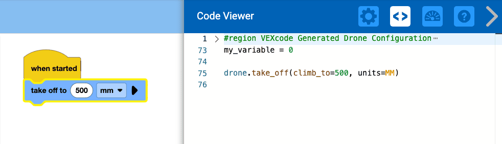 Una captura de pantalla del espacio de trabajo a la izquierda, que muestra un proyecto que dice, cuando se inicia, despegar a 500 mm. A la derecha, el visor de código está abierto y muestra el comando análogo de Python que dice drone dot take off, climb to equal 500, units equal mm.